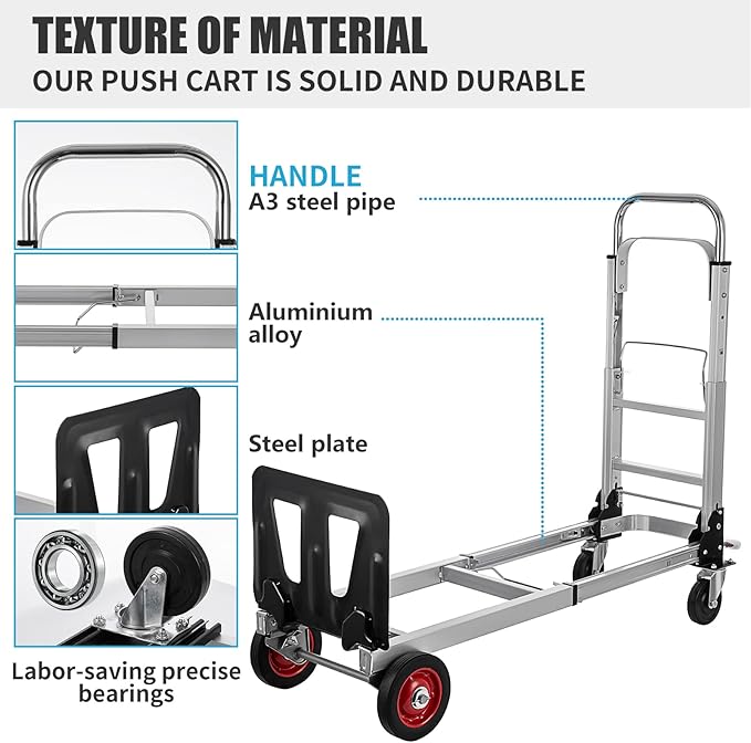2 in 1 Aluminium Hand Truck Dolly 450lbs Capacity, Heavy Duty Convertible Hand Truck W/Pneumatic Wheels, Foldable Dolly Cart Collapsible for Moving with Retractable Handle