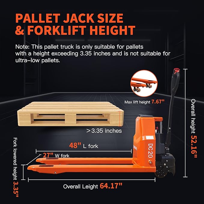 Full Electric Pallet Jack, 4400lbs Capacity Pallet Truck, 48V 20AH Lithium Battery Powered, 6 Hours Working Time, 3.35 to 7.68 Inch Lift Hight, 48 x 27 Inch Fork Size, for Material Handling