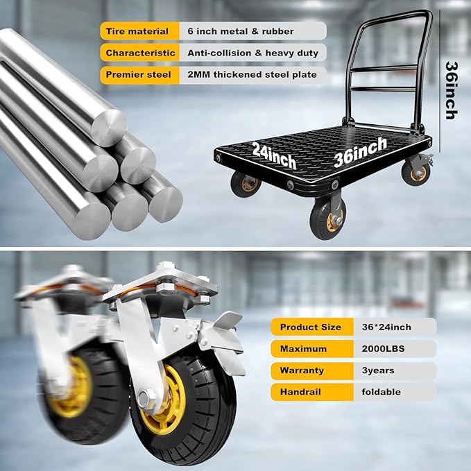 Heavy Duty Platform Truck Flat Cart Hand Trucks,1500 to 2000Lbs Steel Push Cart Dolly with Brake Design, 36 x 24in or 27x19in Large Flatbed Black Trolley (BL, 36X24 Large)