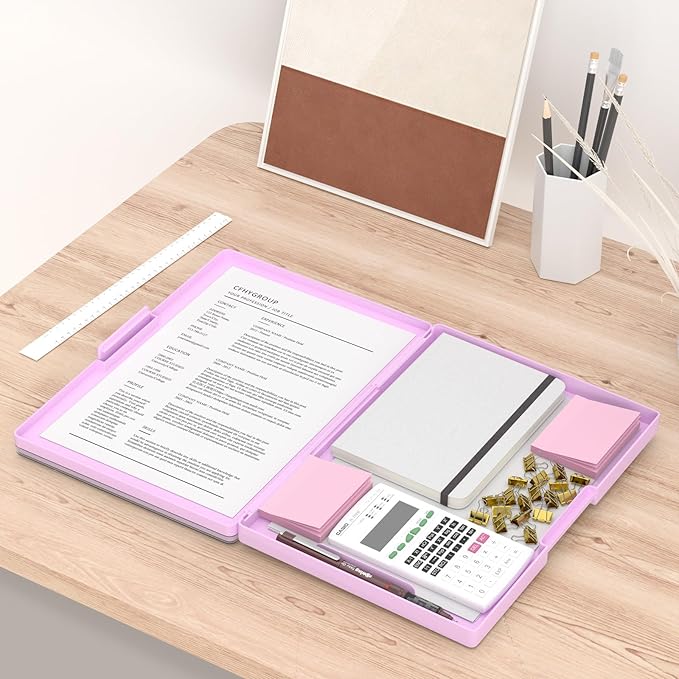 Rimilak Plastic Clipboard with Storage, Side Opening with 2 Compartment, Size 13.3 x 9.4 x 1.5 Heavy Duty High Capacity Nursing Box for Work School & Office Supplies, Rose Pink