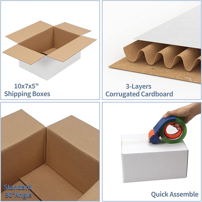 Hoikwo 10x7x5 Inches Small White Shipping Boxes Set of 25, Sturdy Cardboard Boxes for Small Business for Packaging Mailing