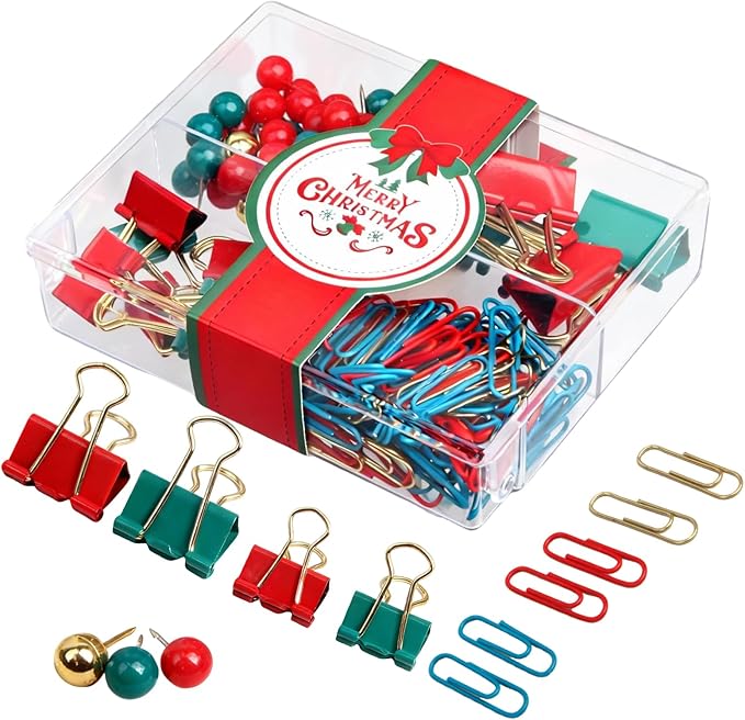 Cute Paper Clips Binder Clips Combo Set, 165 Psc, Assorted Size Paper Clips for Office, Cute Office Supplies Set, Purple (Christmas)