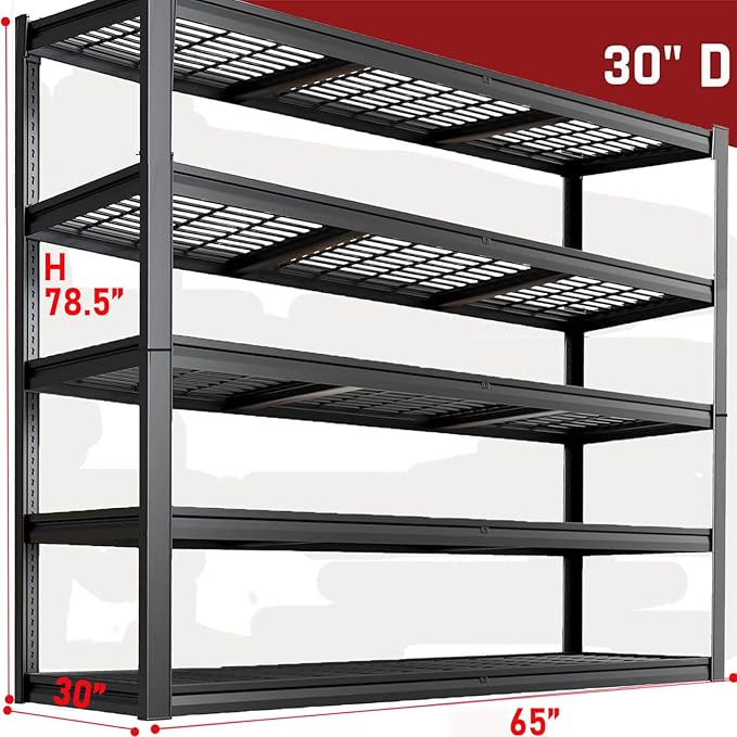 65" W Garage Shelving Heavy Duty, 5 Tier Garage Shelves, 30" D Adjustable Storage Shelving Unit, Commercial Metal Shelf for Kitchen, Warehouse, Pantry, School, Shop, 65" Wx30 Dx79 H