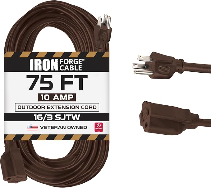 Iron Forge Cable Outdoor Brown Extension Cord 75 ft - 16 Gauge 10 Amp Heavy Duty Brown Outdoor Extension Cords 3 Prong - 16/3 SJTW Great for Outdoor