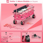48" L Collapsible Wagon Cart Foldable, 560lbs Weight Capacity 300L Heavy Duty Folding Beach Wagons with Big All-Terrain Wheels, Utility Carts for Groceries, Shopping, Camping, Sports - Pink