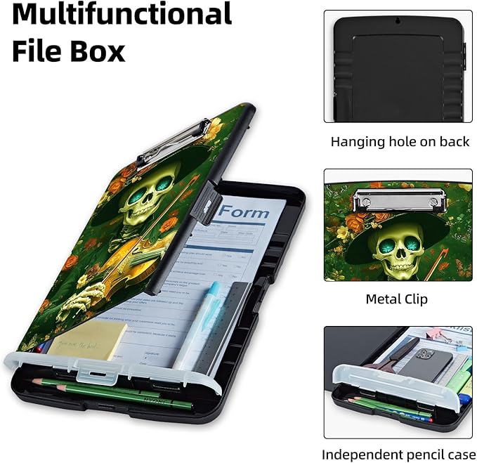 Clipboard with Storage Box & Pen Holder,Heavy Duty Clip Boards 8.5x11 for Nursing,High Capacity,School & Office Supplies,Skull Violinist