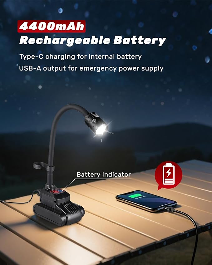 Magnetic Work Light, 4400mAh Rechargeable Flexible Gooseneck Work Light with Hanging Hook, 1000 Lumens 3 Modes LED Machine Light for Work Bench, Lathe, Sewing Machine, Grill, Black