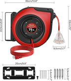Retractable Extension Cord Reel, 75 FT Heavy Duty Extension Cord, 14AWG/3C SJTOW, 3 Grounded Outlets Lighted Triple Tap, 10A Circuit Breaker, Wall/Ceiling Mounted, UL Listed, Red R75CR06