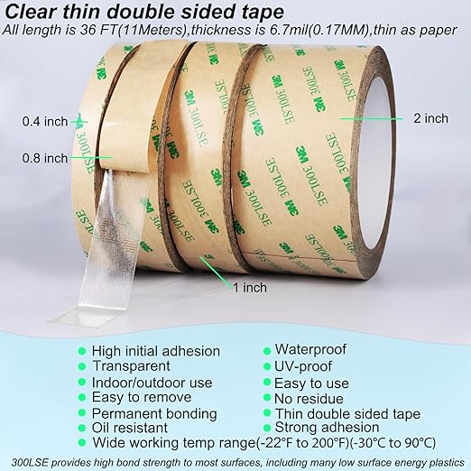 Thin Double Sided Tape Heavy Duty, Clear Adhesive Tape,Removable,Heat Resistant,Waterproof,Sticky Mounting Tape,Strong Two Sided Tape for Scarpbook,Wall,LED Strips,Poster,Craft,1 inch *36FT