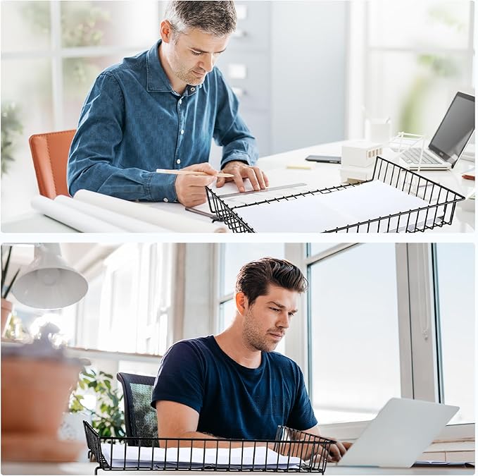 Hicarer 4 Pcs Metal Paper Tray 11 x 17 Inch Iron Wire Grid Desk File Document Letter Tray 11 x 17 Paper Desk Organizer Wide Entry Basket for Office Home (Black)