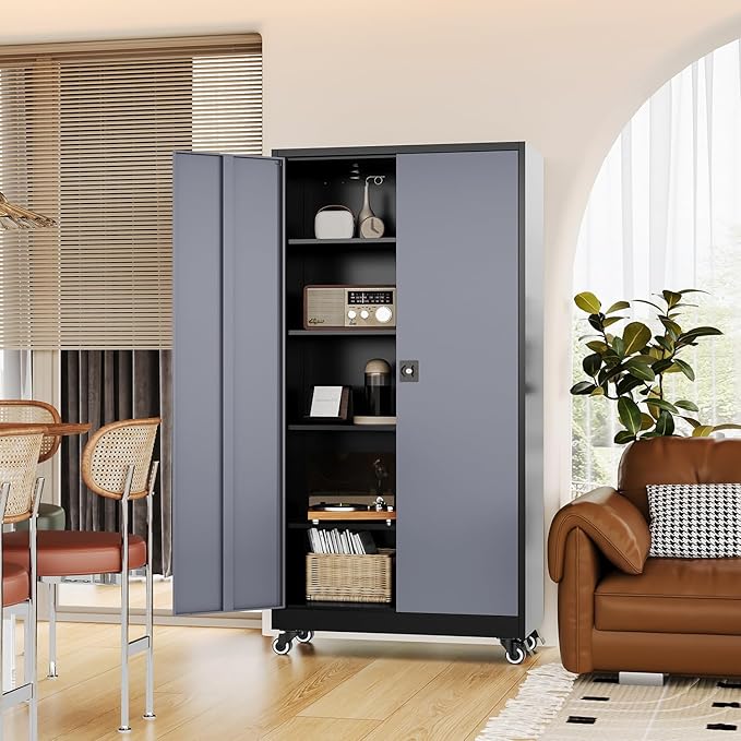 Metal Rolling Storage Cabinet-74.6” Tall Steel File Cabinets with Wheels Lockable Doors and Adjustable Shelves-Black & Gray Steel Storage Cabinet for Home, School, Office, Garage