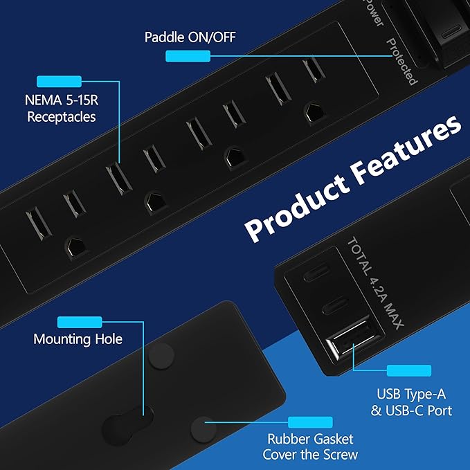 LIDER Surge Protected Outlet Extender, 4-Outlet Power Strip, 21W USB Type-A, and 2 USB Type-C Port, Ultra-Thin Wall Plate Plug with Cord Extender, Flat-Face, 5ft Cord, 1500 Joules, ETL-Listed, Black
