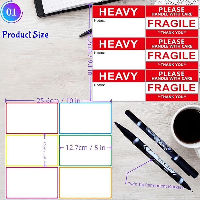 5" x 3" Large Moving Labels for Home Packing Box Label with Writable Notes Areas, 6 Color Coded Border Label + Fragile Moving Stickers + Heavy Blank Labels + 2 Permanent Markers. Permanent Adhesion