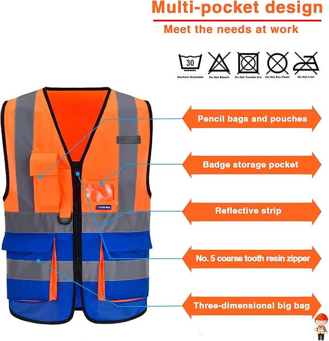 A-SAFETY High Visibility Safety Vest with 7 Pockets Multi Frontal Pockets Lighetweight Safety Vest with Reflective Strips and Zipper, Orange&Blue Color Mixed, XXXL