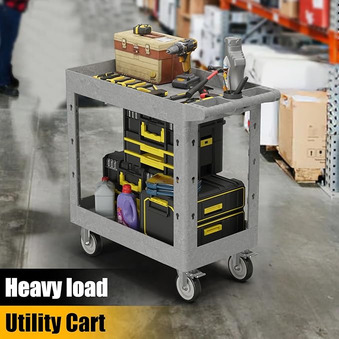 Service Utility Plastic Tool Cart, 34 x 17-Inch Rolling Cart with Deep 2-Shelf Heavy Duty Wheels, 550 lbs Capacity Organizer for Garage, Warehouse, Workshop