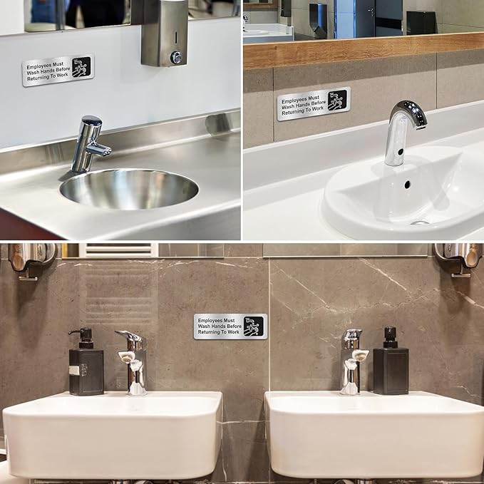 Faittoo Employees Must Wash Hands Before Returning to Work Sign, (4 Pack) Rust Free Brushed Aluminum Sign with Symbols, Self-adhesive, for Restaurant, Salons, Hotel, Rest Stops, Public Restrooms