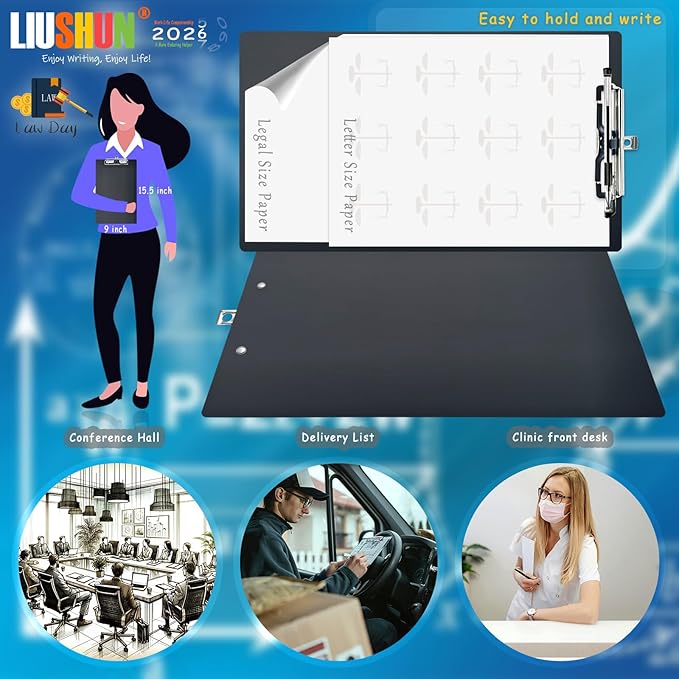 Legal Aluminum Clipboard Metal w/Stainless Hangable Pen Holder Writing Low Profile Large Clip Board 9" x 15.5" Message Tabletop for Lawers Office Business Workshop Factory Supplies (Black, Legal)