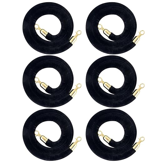 6 Pack Velvet Rope, 5 Feet Black Velvet Stanchion Rope with Gold Polished Hooks, Crowd Control Queue Line Barrier Rope Hanging Ropes for Hotels, Movie Theaters, Grand Openings, Carpet Event