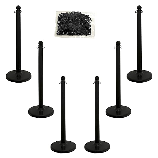 Mr. Chain Plastic Stanchion Kit with 50 Feet of 2-Inch Link Chain and C-Hooks, Black, Pack of 6 (71103-6)