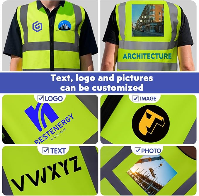 Custom Safety Vest with Logo Pockets High Visibility Reflective Vests Construction Security Workwear