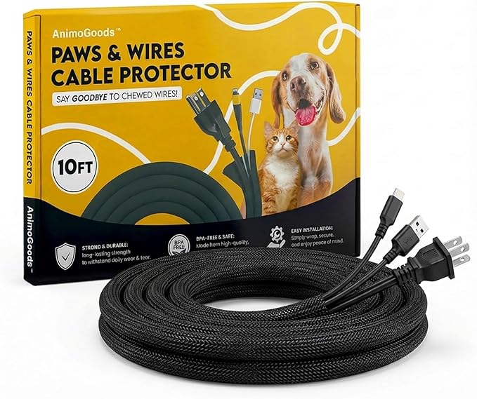 Cord Cover For Pets (Black, 10ft) - Durable PET Cable Protector for Dogs, Cats, and Other Pets - Critter Cord - Cord Protectors from Pets No Chew, Keep Cats from Chewing Cords - Puppy Proof Cord Cover