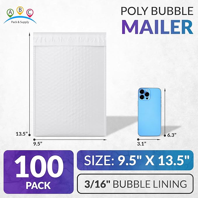 ABC PACK & SUPPLY Poly Bubble Mailers, 9.5 x 13.5 Inch. Pack of 100 White Padded Envelopes Self Seal. Tear-Proof Gift Bubble Envelopes. Waterproof Packaging for Small Business. Cushioning Book Mailers