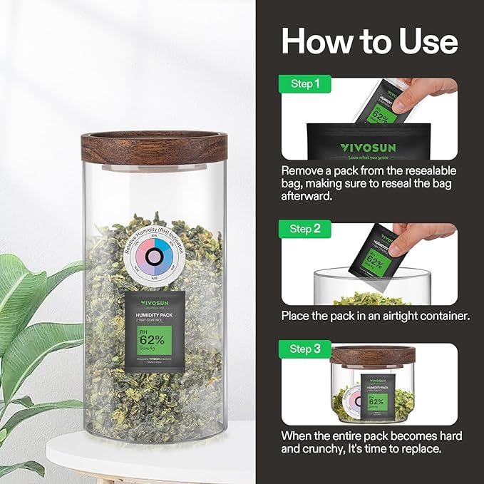 VIVOSUN 62% RH Two-Way Humidity Control Packs, Size 4 g, 10 Packs for Storing 1/2 oz, Moisture Balancer with RH Indicator Card for Food & Herb Storage
