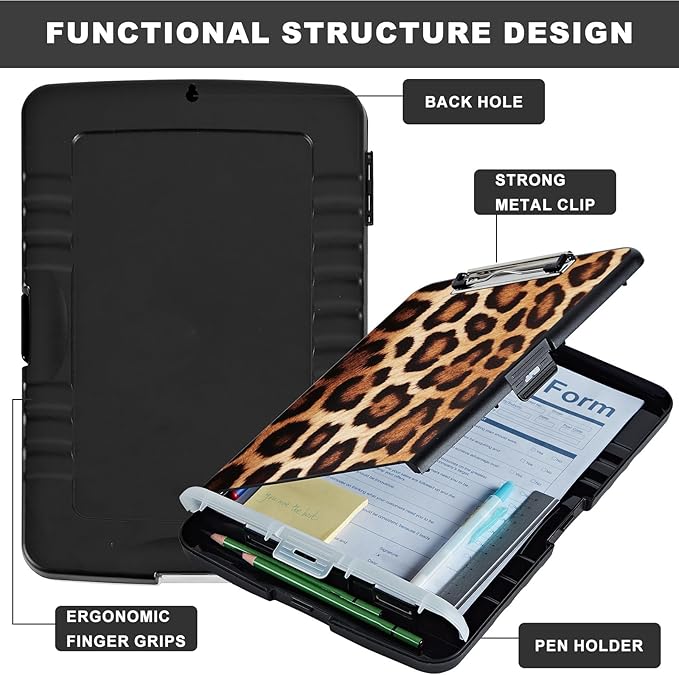 Leopard Brown Storage Clipboard with Pen Holder & Low Profile Clip, Folder - Heavy Duty Plastic Clipboard, Teacher & Office Must Haves