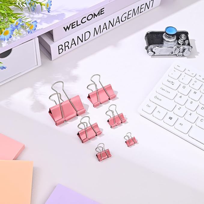 Temiary Aesthetic Binder Clips, 60 Pcs 0.6 Inches Small Metal Binder Clip with Clear Storage Container, Binding Paperwork Clamps for School Teachers Office Supplies (Pink)