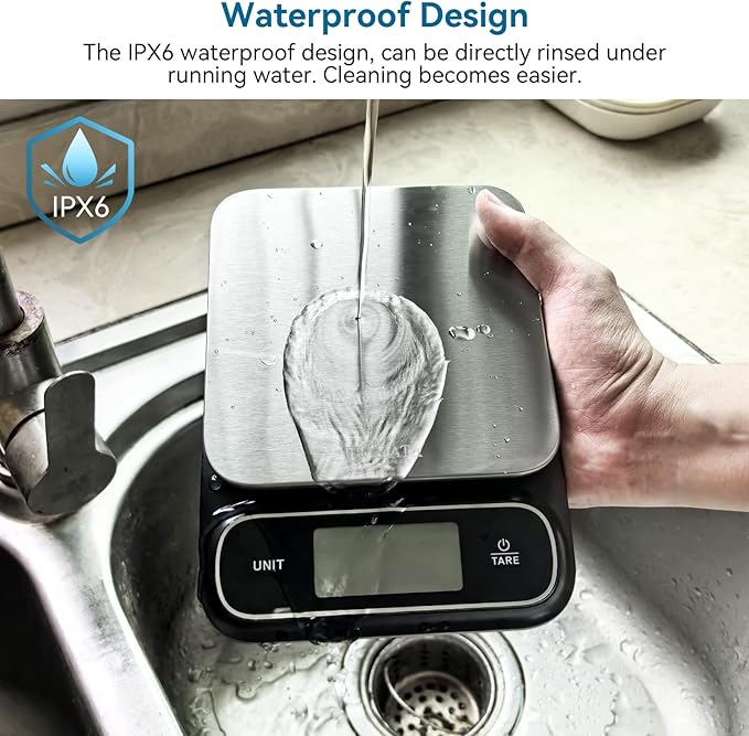 BOMATA Waterproof IPX6 Kitchen Scale, 0.1 g/0.01 oz High Precision, 5 kg/11 lbs, Digital Scale with Backlight, Stainless Steel Weighing Platform, for Food, Cooking, Baking, Weight Loss.. B619, Grey