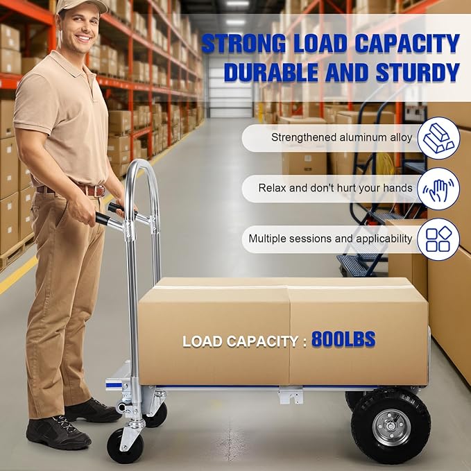 2 in 1 Aluminum 800LBS Capacity Folding Hand Truck Dolly Cart W/Wheel Heavy Duty Industrial Collapsible Cart ForConstruction Warehouse Factories Indoor Outdoor