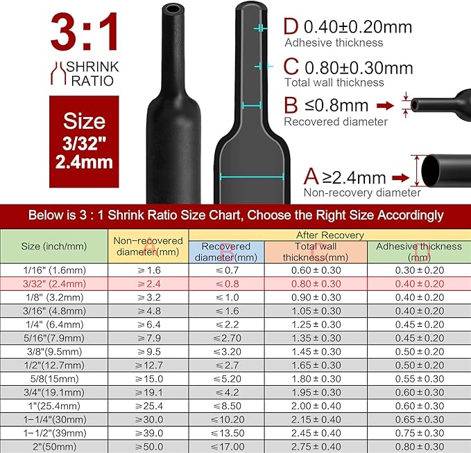 Chanzon 3:1 Ratio - 80ft Roll - Heat Shrink Tubing 3/32" (2.4mm) - Marine Grade Waterproof Adhesive Lined - (25M Total Length) Black Polyolefin Sleeving Wrap Shrinking 3 to 1 Ratio 1pcs