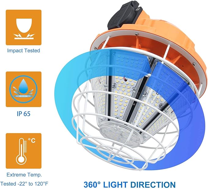 NS 150W LED Temporary Work Light, 24750LM Linkable Daylight White 5,000K Portable Hanging Lamp Jobsite Lighting Stainless Steel Protective Cover for Outdoor Construction High Bay Warehouse