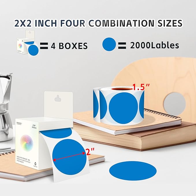 Easy to Use 2 Inch Blue Multi-Purpose Round Coding Labels, 4 Rolls 2000 PCS Circle Strong Adhesive Sticker for Office,Inventory, Organizing