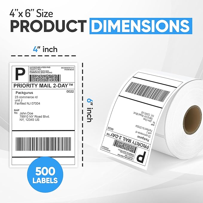 4"x6" Direct Thermal Label Roll, Shipping Labels with Perforated, Commercial Grade for Thermal Printer, 500 Labels/Roll, 4 Rolls (2,000 Labels Total)