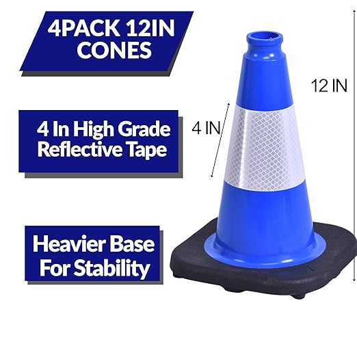 BESEA 4Pack 18 Inch Blue Traffic Cones with 6 Inch Reflective Collar, Heavy Duty PVC Safety Cones with 10.5 x 10.5 Inch Base for Parking, Driving Practice, Sports Training, and Construction