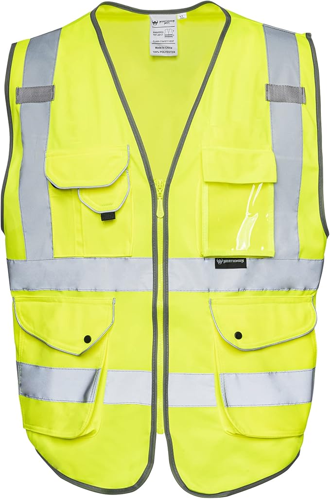 Vest 9 Pockets Class 2 High Visibility Zipper Front Construction Vest For Men & Women – Yellow