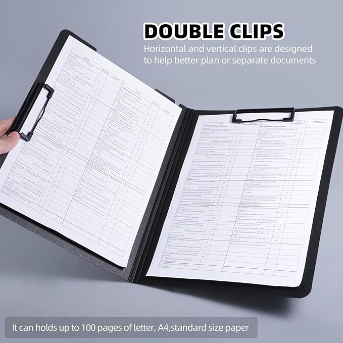 Clipboard Folder, A4 Foldable Clipboard with Horizontal and Vertical Double Metal Clips, 360 Degree Foldable Binder Clipboards with Pen Holder, File Cover Work Folder Clipboards, Black