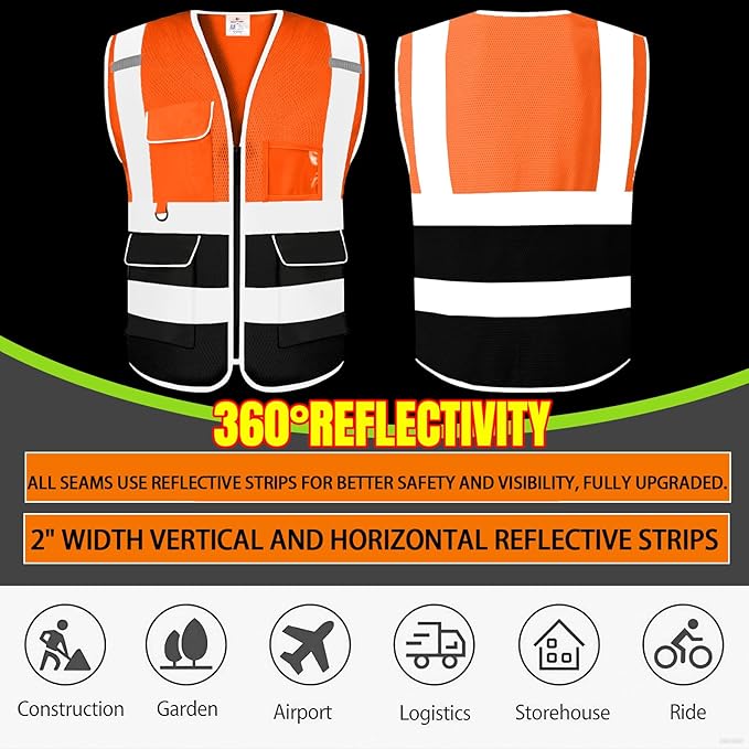 BeautyWill Custom Safety Vest Customized Logo Class 2 High Visibility Reflective Vest with Pockets Construction workwear
