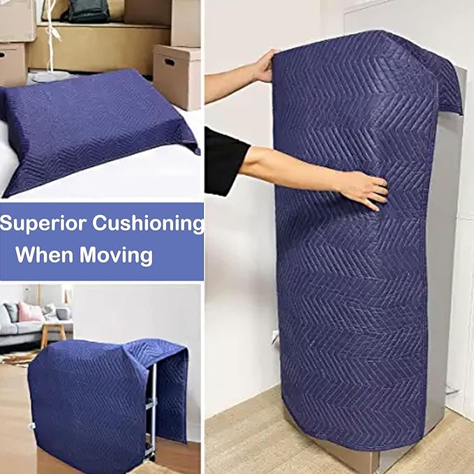2 Pack Moving Blankets Heavy Duty 80"x72" Quilted Packing Blankets for Moving Furniture Padded Shipping Furniture Mover Blue