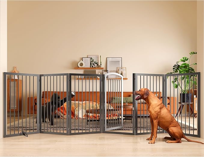 JSB 144-inch Extra Wide 30-inch Tall Dog gate with Door Walk Through, Freestanding Round Tube Pet Gate for Halls Stairs, Puppy Safety Dog Fence with 2PCS Support Feet (Black)