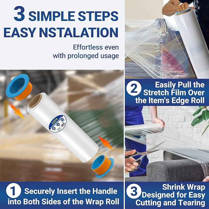 4-Pack 18" Stretch Wrap Rolls - 80 Gauge Industrial Strength Clear Film, 1200ft Length with Plastic Handle Option - Heavy Duty Self-Adhering for Moving, Shipping, Pallet Packing