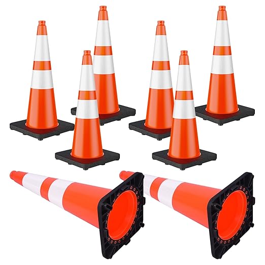 28" Orange PVC Construction Cones - 8 Pack with Reflective Collars & Black Base, for Roadwork, Parking, and Crowd Control Safety