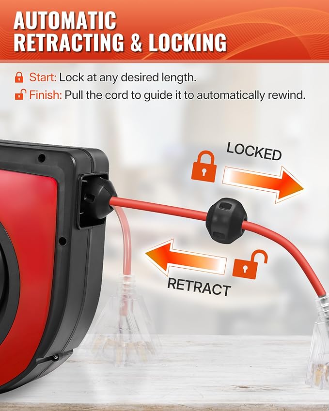 Retractable Extension Cord Reel, 75 FT Heavy Duty Extension Cord, 14AWG/3C SJTOW, 3 Grounded Outlets Lighted Triple Tap, 10A Circuit Breaker, Wall/Ceiling Mounted, UL Listed, Red R75CR06