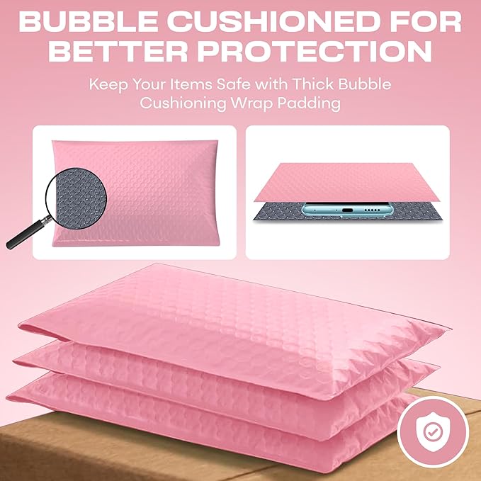 Light Pink Large Poly Bubble Mailers 9.5x14.5 inch #4 | Self Seal Padded Envelopes Cushioned Bubble Mailer | Usable Size 9.5x13.5 | WaterProof | Lightweight mailing Shipping Bags | 100 Pack Bulk