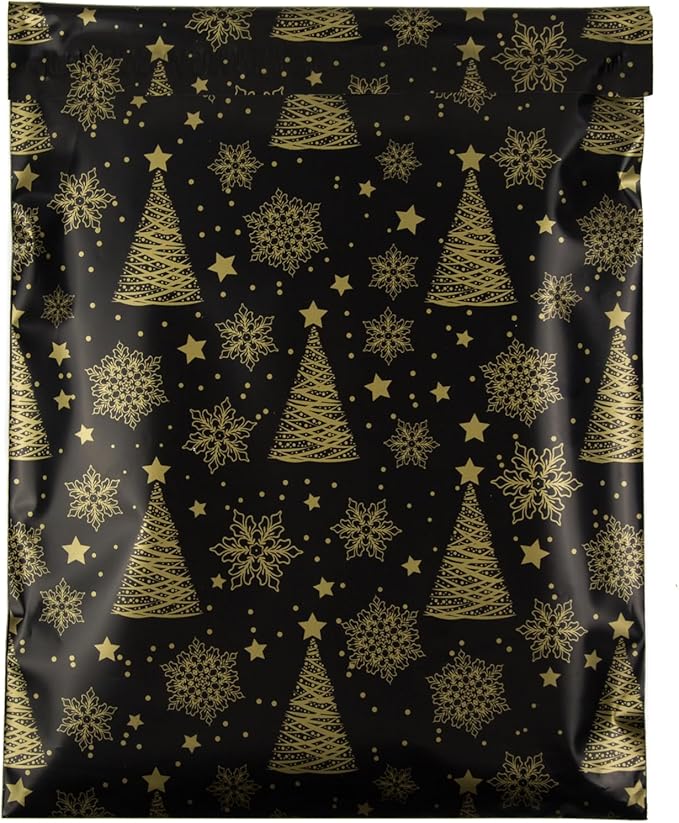 Inspired Mailers - Holiday Poly Mailers 10x13-100 Pack - Christmas Trees and Snowflakes (Black/Gold) - Mailing Envelopes - Christmas Mailers