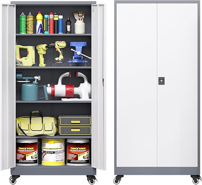 Metal Storage Cabinet with Wheels, Tall Garage Storage Cabinet with 4 Adjustable Shelves and 2 Doors, Lockable Tool Cabinet for Garage Home Office,Gym,School (White-Gray)