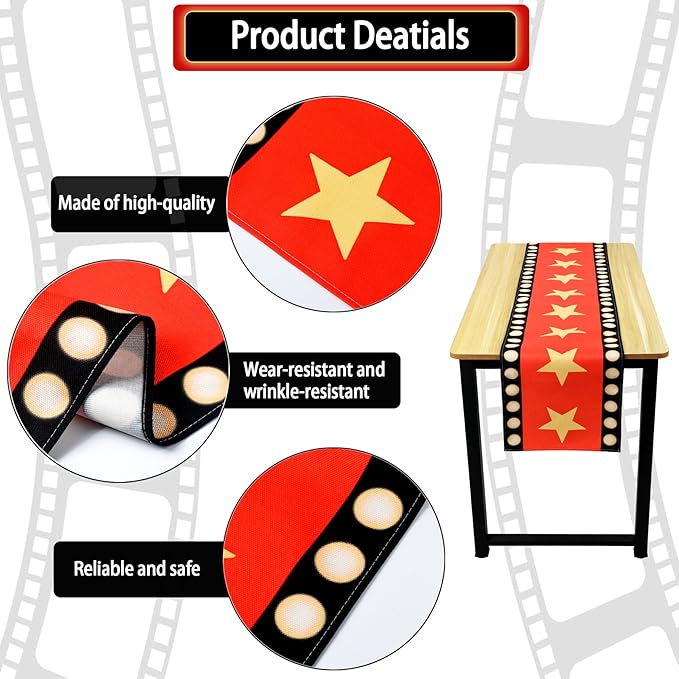 4 Pcs 13 x 72 Inch Movie Night Table Runner with Gold Star Design - Red Carpet Decoration for Birthday Party Supplies（red）