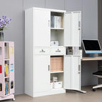 Metal Storage Cabinet, Locking Storage Cabinet with Adjustable Shelves and 2 Drawers, 16" D x 32" W x 71" H Steel Cabinets for Office, Garage, Home, Classroom, Utility Room(White)