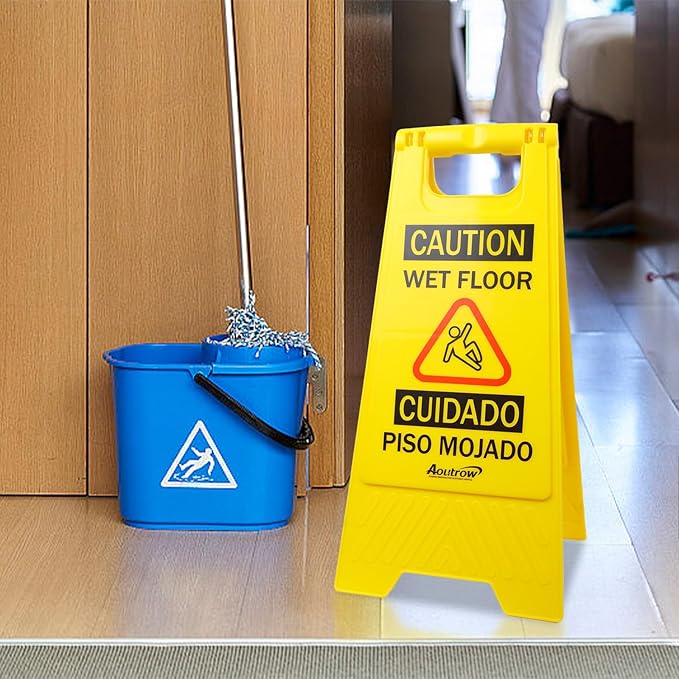 Caution Wet Floor Sign, （L:17.12in W:8.38in H:0.94in）2-Sided Foldable Safety Sign for Commercial Use, A Frame Caution Sign Bilingual Warning Signs, Yellow (yellow 2pack)